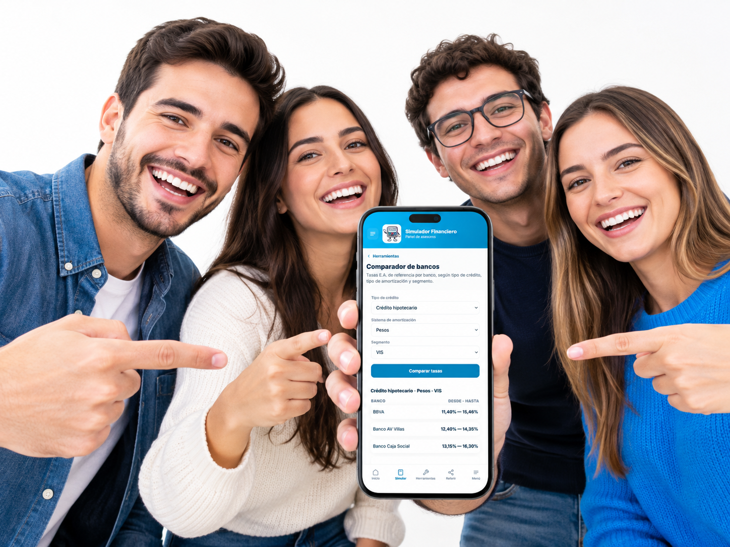 Personas felices revisando su simulación de crédito en el celular