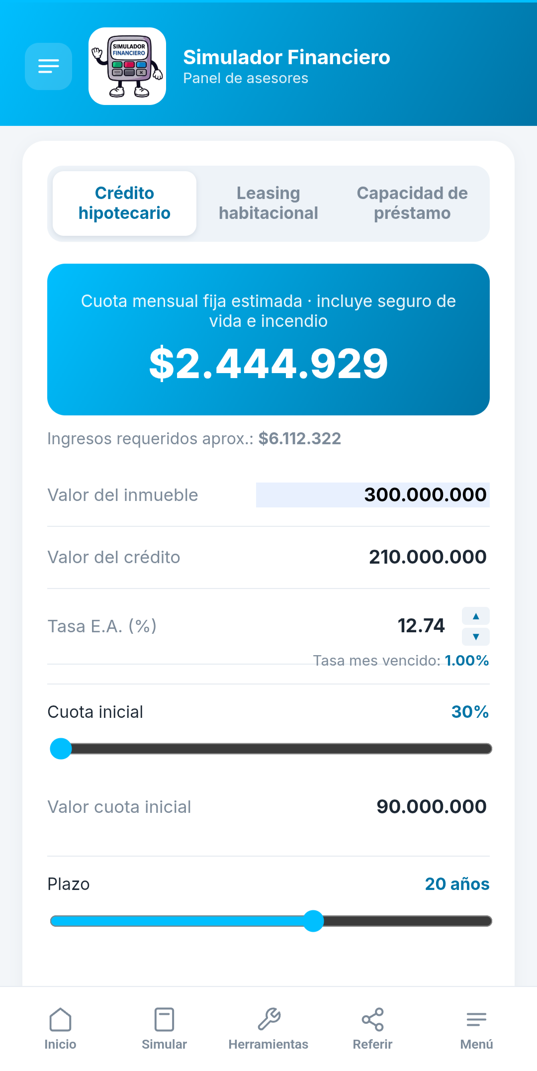 Simulador Financiero mostrando la simulación de un crédito hipotecario